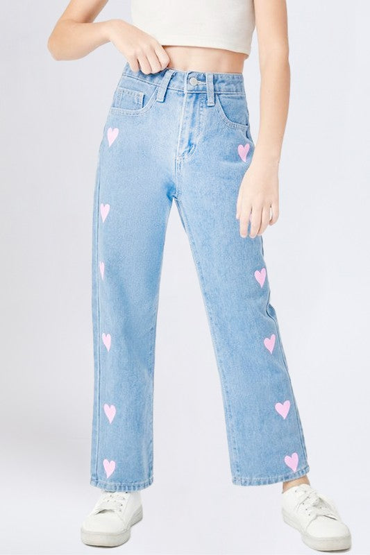Girls Wide Leg Raw Hem Pink Heart Jeans – Just Kidding Children's