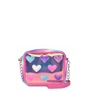 Metallic Heart-Patched Clear Glazed Crossbody Bag