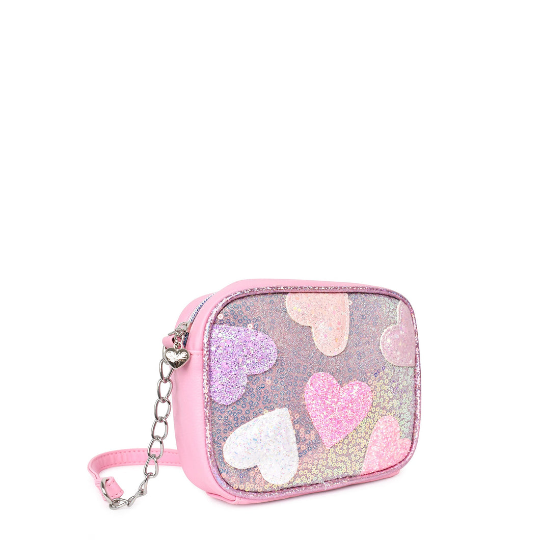 Heart-Patched Sequins Pink Crossbody Bag