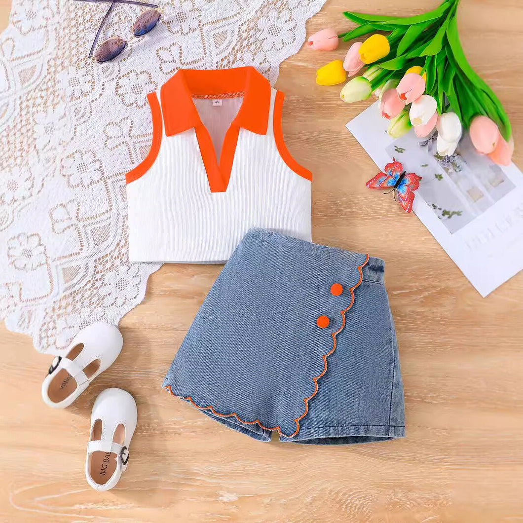 Lapel Cropped Tops Denim Skirt Sets