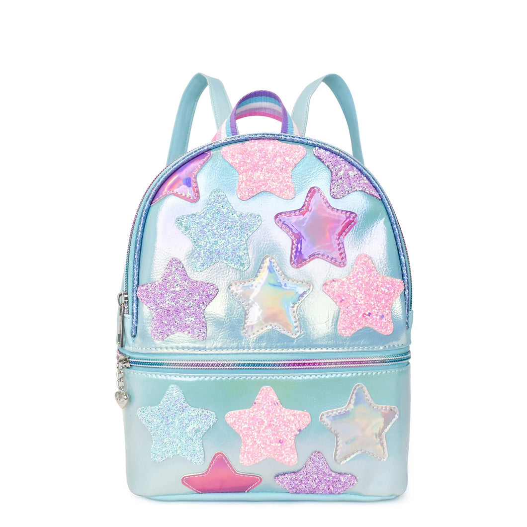 Star-Patched Metallic Light Blue Mini Backpack