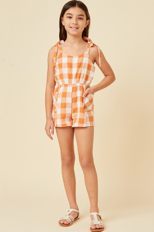 Tie Shoulder Checkered Romper