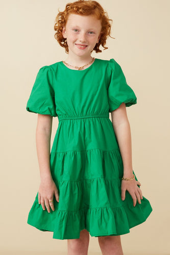 Girls Bow Back Puff Sleeve Poplin Dress