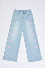 Load image into Gallery viewer, Girls Wide Leg Raw Hem Pink Heart Jeans