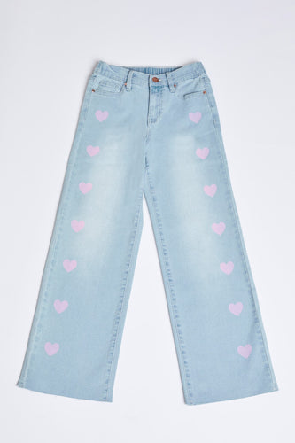 Girls Wide Leg Raw Hem Pink Heart Jeans