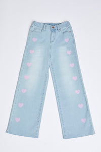 Girls Wide Leg Raw Hem Pink Heart Jeans