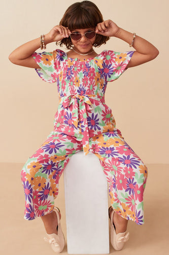 Vivid Floral Self Belt Smocked Jumpsuit